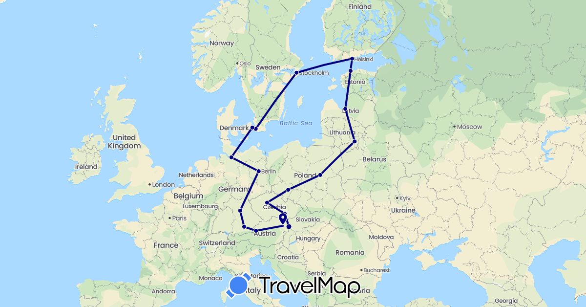 TravelMap itinerary: driving in Austria, Czech Republic, Germany, Denmark, Estonia, Finland, Lithuania, Latvia, Poland, Sweden, Slovakia (Europe)