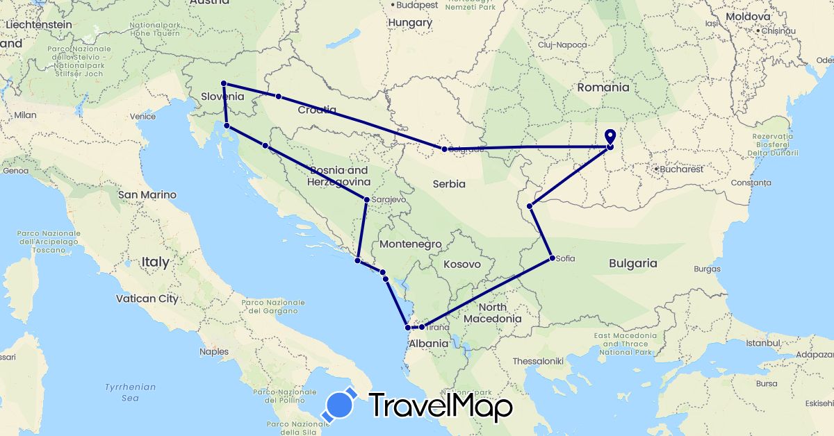 TravelMap itinerary: driving in Albania, Bosnia and Herzegovina, Bulgaria, Croatia, Montenegro, Romania, Serbia, Slovenia (Europe)
